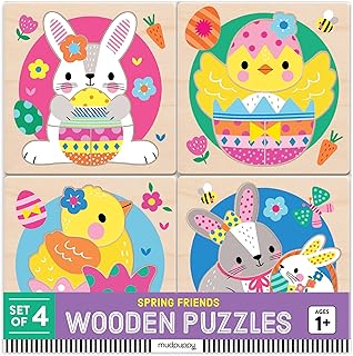Mudpuppy Spring Friends – Set of 4 Wooden 4 Piece Puzzles Featuring A Colorful Spring Scene with Adorable Characters