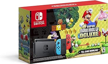 Nintendo Switch with Neon Blue and Neon Red Joy-Con + New Super Mario Bros. U Deluxe (Full Game Download) - Switch Console