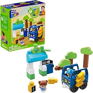 MEGA BLOKS Fisher-Price Toddler Building Blocks, Green Town Charge & Go Bus with 34 Pieces, 2 Figures, Kids Age 1+ Years