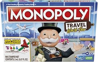 Hasbro Gaming Monopoly Travel World Tour Strategy Board Game for Family & Kids, Classic Gameplay with Geography Twist, Includes Dry-Erase Gameboard & Token Stampers, Ages 8+