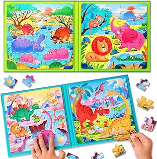 Magnetic Puzzles for Kids Ages 3-5, Two-Book Set, Dinosaur Animal Jigsaw Puzzle Magnet Books Travel Games Montessori Preschool Learning Activities Toddler Toys for 3 4 5 6 Year Old Boys Girls