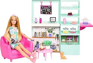 Barbie HKT94 Pretty Cozy Coffee Set with Doll Model, Furniture, Cat Figurine and 21 Accessories Including Colour Changing Teapot, Children's Toy, from 3 Years Old,