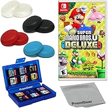 New Super Mario Bros. U Deluxe for Nintendo Switch (US Version), with PremGear Thumb Grips (8 pack - Black, Blue, Red & Clear), 24 Slot Game Card Holder & Cleaning Cloth