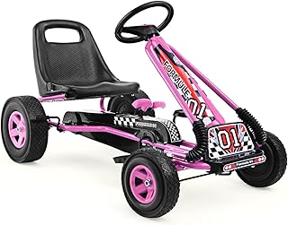 HONEY JOY Go Kart for Kids, 4 Wheel Quad Off-Road Pedal On Foot Go Cart w/Steering Wheels & Adjustable Seat, 2 Safety Brakes, EVA Rubber Tires, Clutch, Outdoor Racer Ride On Pedal Car (Pink)