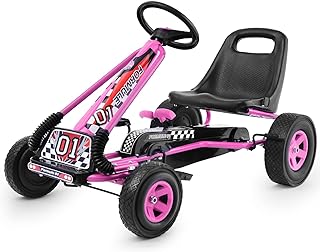 Costzon Go Kart for Kids, 4 Wheel Off-Road Pedal Go Cart w/Adjustable Seat, Steering Wheel, 2 Safety Brakes, EVA Rubber Tires, Ride-On Toys for Boys & Girls, Outdoor Racer Ride On Pedal Car (Pink)