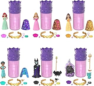 Mattel Disney Princess Toys, Small Doll Surprise, Royal Color Reveal, 6 Surprises Include Doll, Bracelet & 4 Pieces, Princess or Villain Series (Dolls May Vary)
