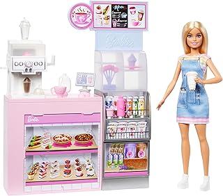 Barbie You Can Be Barista Doll with Cafe, Play Set with Smoothie Machine and Coffee, Counter, Shelf and Bar Accessories, Toy Professions +3 Years (HXN94)