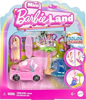 Barbie Mini BarbieLand Doll & Toy Vehicle Set, 1.5-inch Doll & Beach Convertible with Color-Change, Plus Beach Accessory