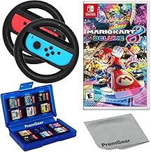 Mario Kart 8 Deluxe for Nintendo Switch, with PremGear Racing Steering Wheel Controllers, Driving Grips for Joy-Con (2 pack), 24 Slot Game Card Holder & Cleaning Cloth