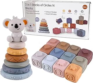 2-in-1 Soft Stacking Blocks & Rings,Montessori Sensory Toys for Babies 6 12 18 Months,Essentials Squeeze Teether,Textured,Sensory Educational Learning Toys for Infant