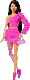Barbie Deluxe Style Doll #2 in Barbiecore Outfit, Black Hair and Glittery Prosthetic Leg, Pink Top and Skirt Set with Rosette Detail and Accessories
