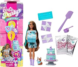 Barbie Party Unboxed Doll & Accessories, Pet Birthday Series Party Stars Set with 10 Surprises Including Color Change & Cake-Decorating Activity
