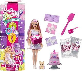 Barbie Party Unboxed Doll & Accessories, Pet Birthday Series Birthday Bows Set with 10 Surprises Including Color Change & Cake-Decorating Activity