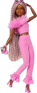 Barbie Deluxe Style Doll #4 in Barbiecore Outfit, Pink and Brown Braids, Soft Pink Top and Pant Set with Furry Collar and Fun Accessories