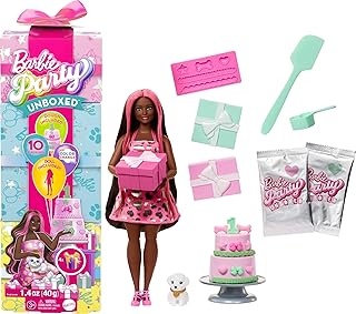 Barbie Party Unboxed Doll & Accessories, Pet Birthday Series Shimmerin’ Hearts Set with 10 Surprises Including Color Change & Cake-Decorating Activity
