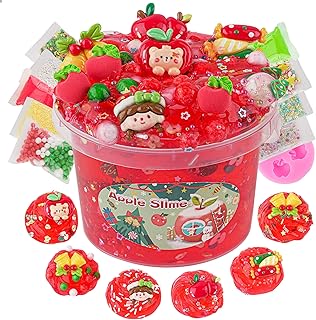 LAWOHO 300ml Apple Clear Slime with Clay, Red Slime Kit for Girls & Boys with 9 Packs Cute Add-Ins for Kids Party Favors, Non Stick Slime Making Kit for Birthday Halloween Christmas Easter Gifts