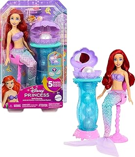 Mattel Disney Princess Toys, Ariel Vanity Pop Mermaid Fashion Doll with Removable Tail & Vanity with 5 Repeatable Pop-Up Surprises & 5 Accessories