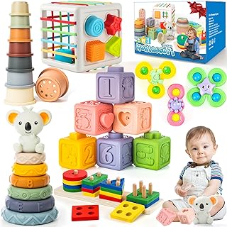 6-in-1 Baby Toys 6 to 12 Months, Montessori Toys for Babies 6-12-18 Months, Infant Teething Toy Stacking Blocks Rings Sensory Bin, Sorting Sensory Educational Learning Gift for Toddlers Aged 1-3