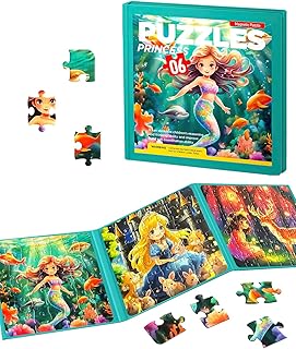 Magnetic Puzzles for Toddlers 4-6 Girls, Mermaid Princess Travel Puzzles for Kids Ages 3-5, 3 in 1 Dinosaurs Magnet Jigsaw Puzzle Book, Preschool Learning Toy for Kids 4-8 Year (Princess)