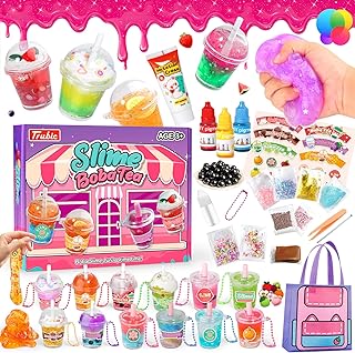 46PCS Slime Boba Tea Making Kit for Girls ages 8-12, DIY Pretend Play Food Toys, Bubble Tea Cups/Bag/Clear Slime/Add-ins, Making Miniature Food, Christmas Party Favors Gift for Kids 6 7 9 10 11