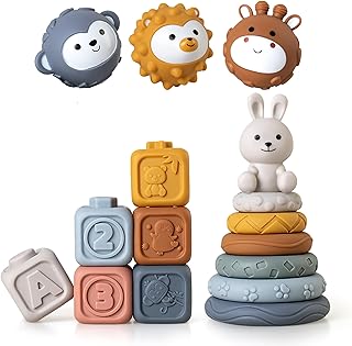 3 in 1 Baby Toys Bundle,Soft Stacking Building Blocks,Teething Ring & Sensory Balls for Newborn to 18 Months| Soft Textured Design,Perfect for Sensory Development, Motor Skills (Family Edition)