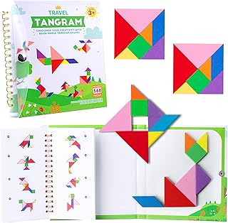 Travel Tangram Puzzle - Magnetic Puzzle Book for Road Trips, STEM Jigsaw Game with 2 Tangram Sets, Patterns Solutions - Brain Teaser IQ Toy for Kids and Adults, Ideal Educational Gift (368)