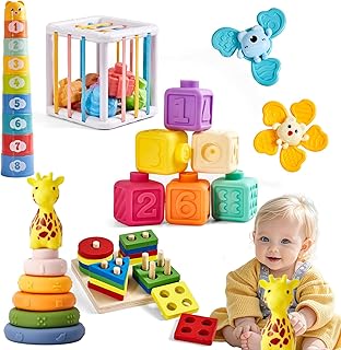 6-in-1 Baby Toys 6-12 Months, Montessori Toys for Babies 6-12-18 Months, Infant Stacking Blocks Rings Sensory Bin, Sorting Playpen Sensory Educational Learning Gift for Toddlers Aged 1-3