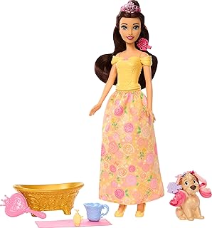 Mattel Disney Princess Belle Fashion Doll & Dog Figure with Color Change Spots, Bathtub, Brush & Hair Accessories, Inspired by Beauty & The Beast