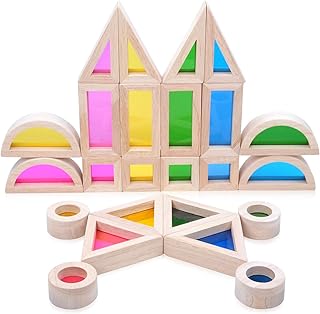 Wooden Building Blocks with Rainbow Acrylic Windows - 24pc Classic Montessori Stacking Set - Screen-Free Educational STEM Construction Toys for Toddlers Ages 18M+