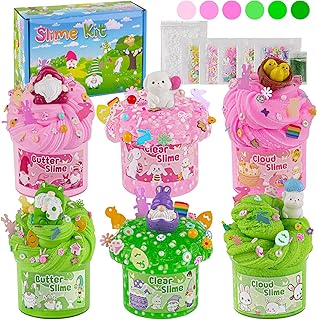 LAWOHO 6 Packs Bunny Pink Slime Kit -Cloud Clear Butter Slimes with Easter Charms & Add-ins, Soft Fluffy Slimes Kits for Girls & Boys, 360ml Pink & Green Easter Slime Making Kit Party Favor for Kids