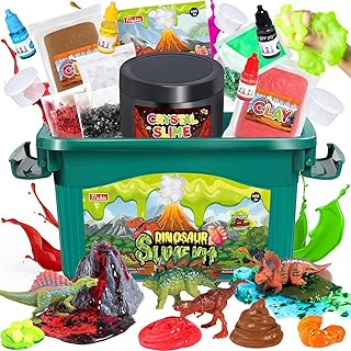 Dinosaur Slime Making Kit, Jelly Cube/Butter/Crystal/Glow in The Dark Slime with Add-ins, Includes Dino Figurines/Volcano, Christmas Birthday Party Favors Gift Toys for Kids Boys 6-12