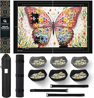Jigsaw Puzzle Mat Roll Up, 45” x 29.5” Puzzles Matt Rollup Storage Up to 2000 Pieces, Non-Slip Rubber Bottom & Smooth Top, Portable Saver Pad Organizer Accessories (6 Sorting Trays & 1 Storage Bag)