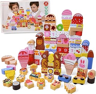 Vileafy 116 PCS Pink Wooden Ice Cream Building Blocks for Toddlers Ages 3+ | Montessori Stacking Toys for Girls | Creative Pretend Play Set for Fine Motor Skills & STEM Learning | Valentine‘s Day Gift