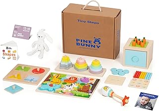 Pine Bunny Montessori Wooden 11-in-1 Toy Set for 13+ Months 3-in-1 Coins Carrots Matchsticks box Shape Sorter Bunny Doll Sand Hammer Animal Puzzle Educational Learning and Problem Solving Toddler Toys