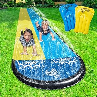 Wham-O Slip N Slide 18ft Double Wave Rider with Body Boards, Lawn Water Slides for Kids and Adults, Great for Backyard Water Parties Summer Outdoor Activities