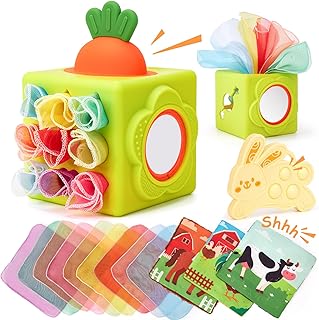 hahaland Baby Tissue Box Toy - Silicone Baby Toys 6-12 Months Montessori Toys for 6 Month Old Easter Basket Stuffers, 6-in-1 Soft Busy Activity Cube Scarves, Crinkle, Textures, Mirror, Sensory Popper