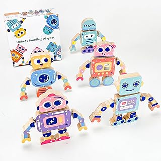 Wooden Robot Building Toys for Kids, Snap-Together STEM Blocks Playset, Take Apart Educational Toy for Toddlers Ages 3-8, Montessori Fine Motor Skills Toy Gift for Boys Girls