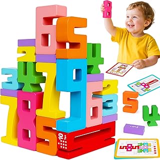 Montessori Wooden Number Building Blocks Toys for Toddlers Kids Stacking Number Blocks 1-10 Preschool Math Learning Educational Toys for 3 4 5 Year Old Boys Girls Gifts 3-5 Balance Competition Game
