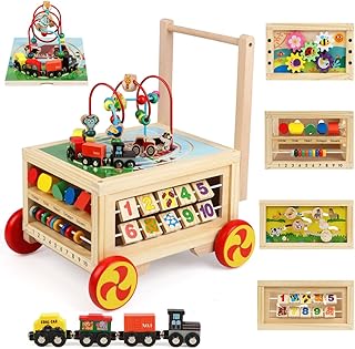 Wooden Activity Cube 7-in-1 Montessori Toys for 1+ Year Old Boys Girls Educational Learning Toys for Toddlers Age 1-2 One Year Old First Birthday Gift Bead Maze Magnetic Trains Track Shape Sorter