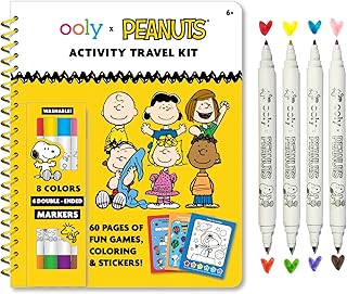 Ooly x Peanuts Snoopy School Coloring Travel Kit, 60-Page Activity Book with Coloring Sheets, 4 Double-Ended Markers - 8 Colors, 2 Sticker Sheets, Puzzles & Games, Snoopy & Charlie Brown Art Set