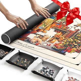 ropoda 1500 Pieces 46" x 26 "Puzzle Mat Roll Up, Puzzle Saver with 4 Large Sorting Trays & Travel Storage Bag, Portable Rollup Puzzles Keeper (White)