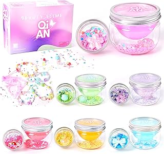 FINOCLAY 6 Pack Slime Kit for Kids, Non Sticky Clear Slime with DIY Charms & Beads Bracelet Making Kit,Glitter Putty Toys Fun Friendship Bracelets Crafts,Birthday Party Gifts for Girls Ages 8-12