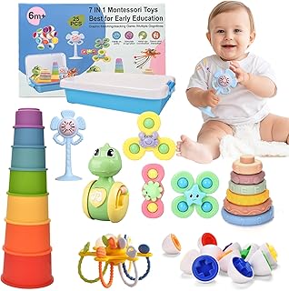 Montessori Toys for 6 Month old,7-in-1 Sensory Toy for 6-9-12 Month,Stacking Blocks Cups Ring Matching Eggs Teething Pull String Suction Cup Toy for Babies 6-12 Months,1-3 Year old Baby Gifts