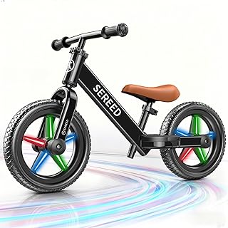 SEREED Toddler Balance Bike 2 Year Old, No Pedal Kids Bicycle Toys for 2-5 Years Old, Tool-Free Adjustment, Customize Plate with Stickers, Gift for 2-3 Boys Girls (Black Lighting)