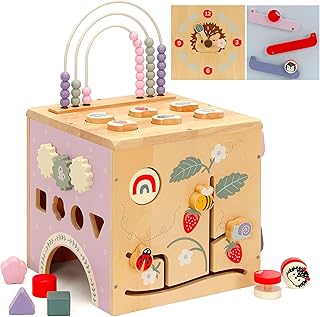 8-in-1 Wooden Activity Cube for Toddlers 1–3, Montessori Learning Toy with Bead Maze, Shape Sorter, Sliding Tracks & Clock, Educational Play Cube for Baby 12M+