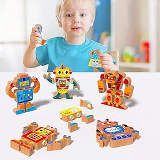 Wooden Snap-Together Building Toys: STEM Building Blocks, Robot Take Apart Playset, Fine Motor Skill Montessori Snap Bots for Kids, Creative Boys & Girls Birthday Back to School Xmas Gift