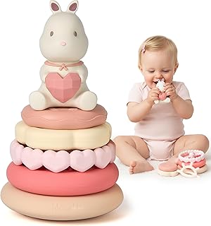 Moonkie Bunny Baby Stacking Toys | 7-Piece Silicone Rings for Teething Relief | Educational Toy for Infants & Toddlers 6 Months+ | Baby Shower or Birthday Gift for Girls