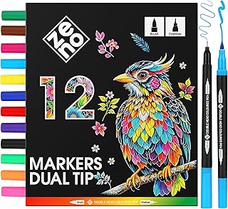 ZENO 12 Dual Tip Markers Set – Fine & Brush Tip - No-Bleed Coloring Markers for Adults – Watercolor Pens for Coloring Books, Journaling, and Artists