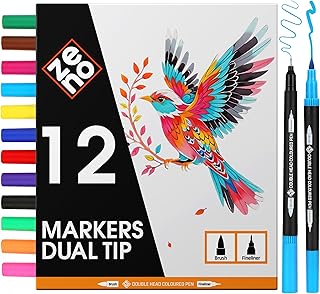 ZENO 12 Dual Tip Markers Set-C – No-Bleed Coloring Markers for Adults – Fine & Brush Tip - Watercolor Pens for Journaling, Coloring Books, and Artists