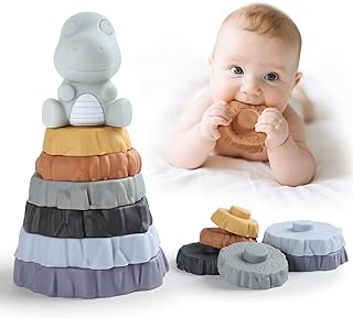 Stacking & Nesting Baby Teething Toy, 7 Pcs Soft Building Rings Stacker Toys with Dinosaur Figure, Newborn Essentials Sensory Learning Toys for 6+ Months Infant Toddler Boys Girls
